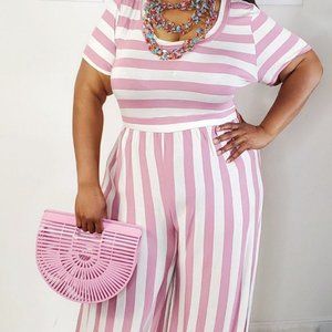 Women's Plus Size Striped Wide Leg Jumpsuit Mauve